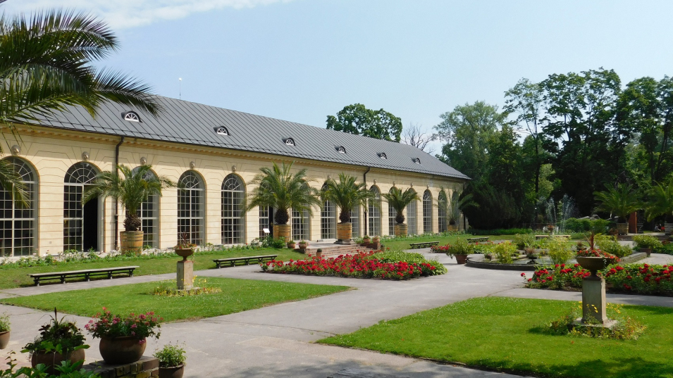 Kolorowe zdjęcie współczesne. Przedstawia widok na skrzydło pałacu w Wilanowie. Na pierwszym planie alejki, głębiej rabaty z kwiatami. 