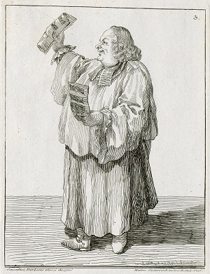 Stara rycina z przedstawieniem otyłego mężczyzny w luźnej todze lub podobnym stroju . Mężczyzna stoi z profilu i obu rękach trzyma kartkę papieru lub gazetę lub wydruk. Jest to karykatura przedstawiająca Niccolò Jommellego.