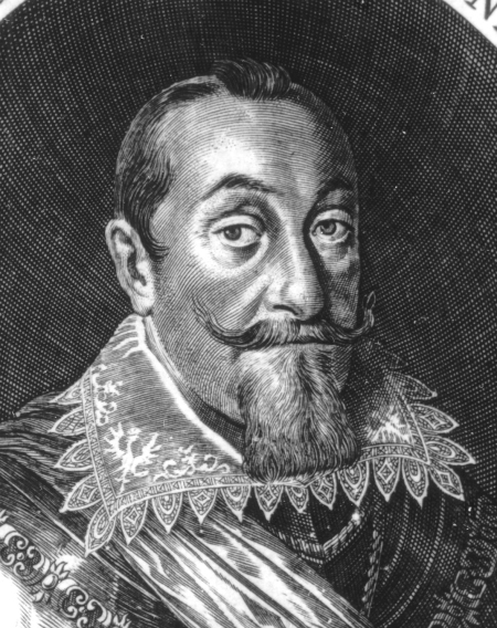 Grafika przedstawia portret mężczyzny w średnim wieku, w stroju historycznym, z koronkowym kołnierzem. Mężczyzna ma wąsy, bródkę i krótkie włosy zaczesane do tyłu. Jest to Lucas Kilian.