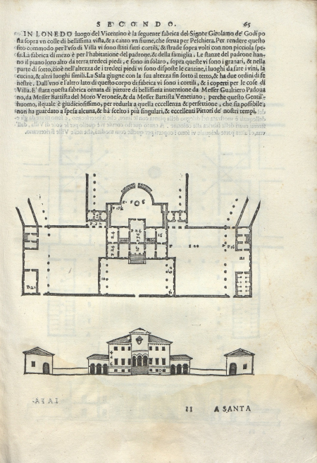 Kartka ze starej książki. U góry tekst, pośrodku strony rzut budowli, poniżej rysunek fasady budowli.