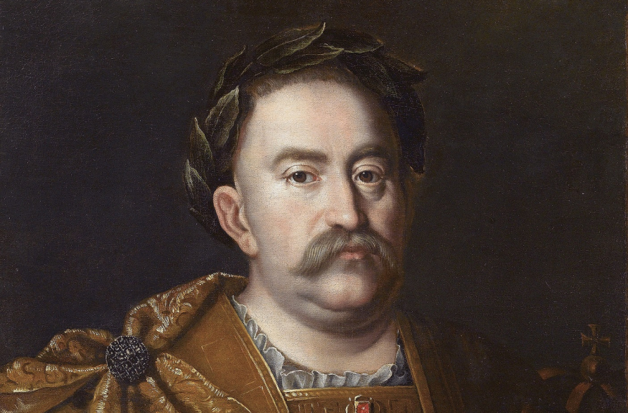 Portret króla Jana III w wieńcu laurowym na ciemnym tle.