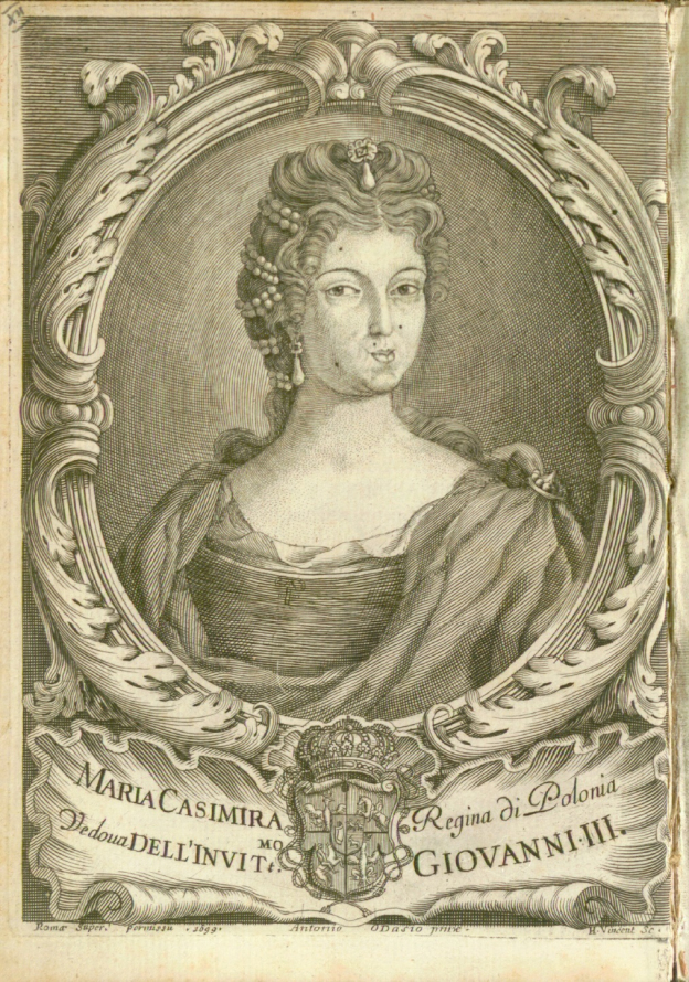 Rycina przedstawia portret Marii Kazimiery Sobieskiej, królowej-wdowy, z wysoką upięta fryzura zdobiona perłami. Popiersie królowej ujęte jest w graficzną ramę z ornamentem roślinnym. i napisem u dołu oraz poczwórnym herbem